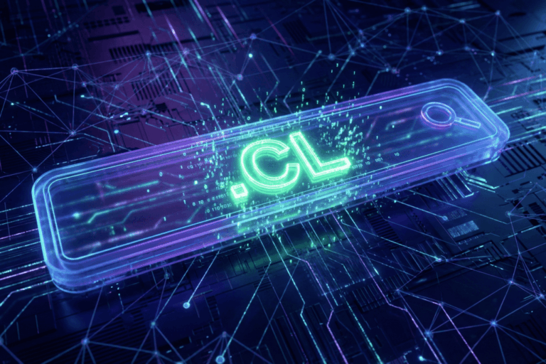 Emprendedor buscando disponibilidad de dominio .cl usando herramientas de inteligencia artificial y naming en una laptop.