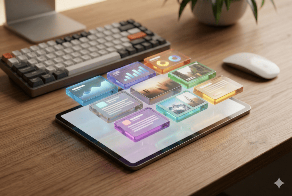 Ilustración de interfaz web moderna con diseño modular tipo Bento Grid organizada en bloques independientes sobre un escritorio de oficina.