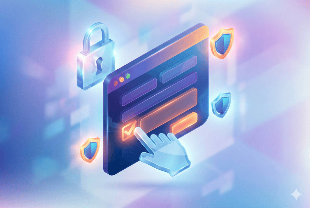 Ilustración isométrica de un formulario web seguro con casillas de verificación verdes y un escudo de protección de datos sobre un mapa de Chile estilizado.