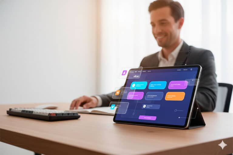 Dueño de Pyme chilena revisando su sitio web con diseño Zero UI intuitivo.